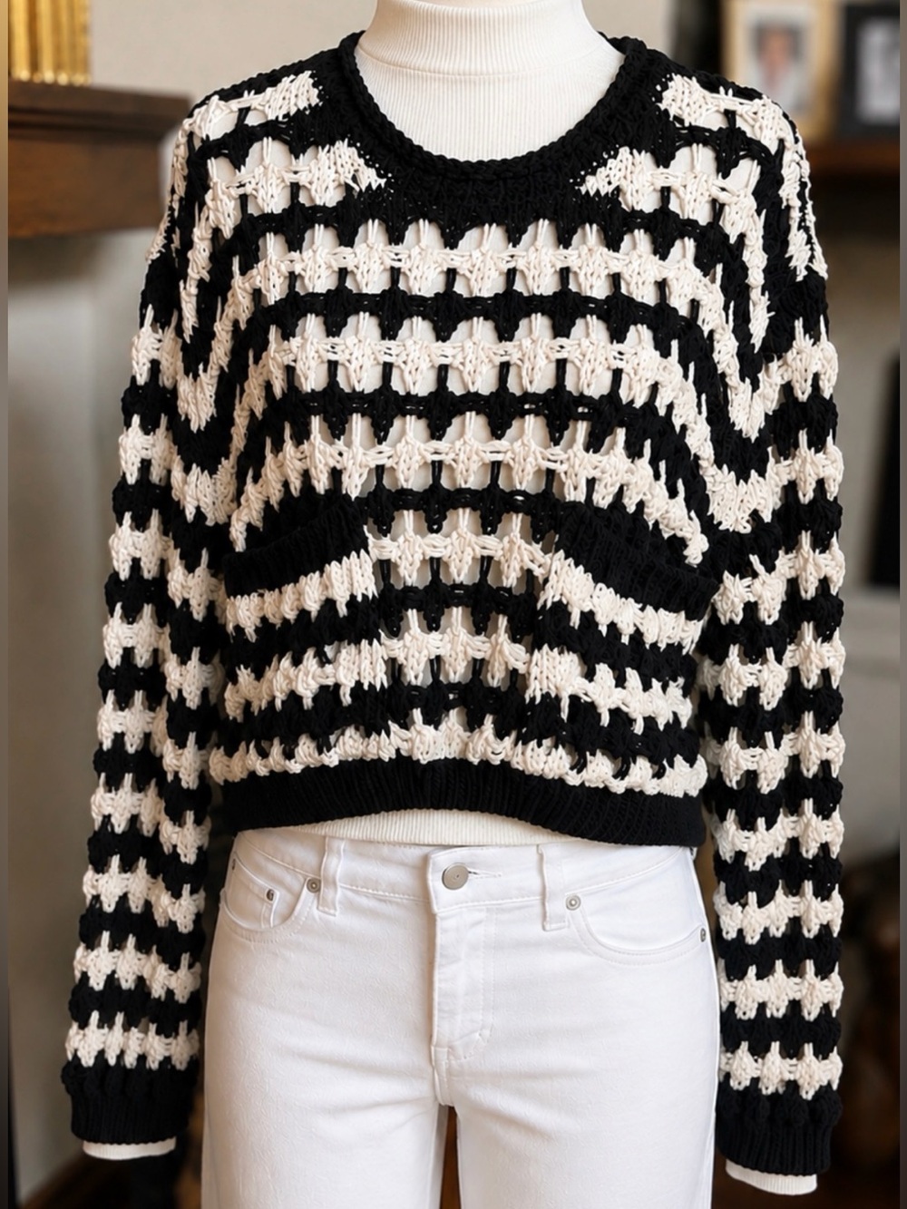 Zara Crochet Knit Sweater Black Cream Striped Open Knit Cropped Size S